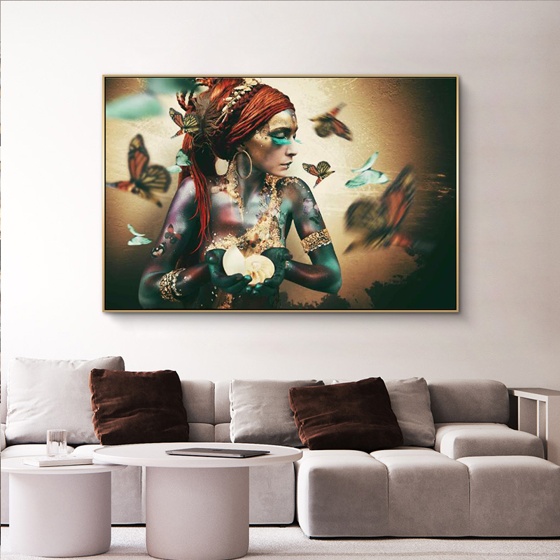 African Woman with Butterfly Canvas Paintings on the Wall Art Posters And Prints Colorful Black Girl Art Picture Home Decoration