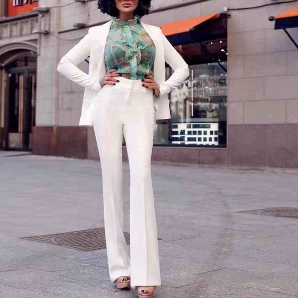 Women's Suit Pants 2 Two-piece Elegant Long Sleeve Lapel Lace-up Jacket & Flared White Red Slim Set 210524