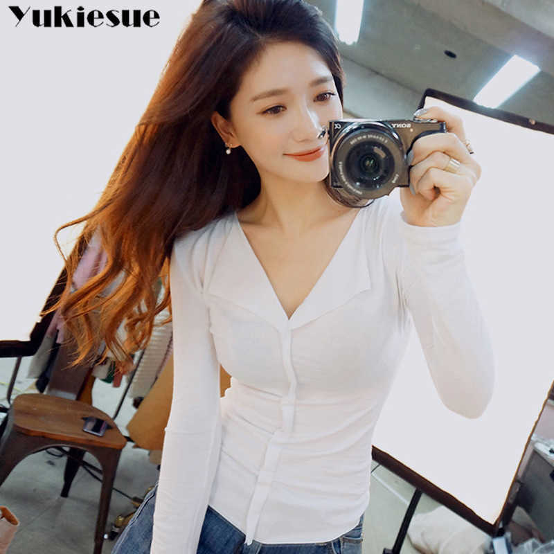 harajuku tops & tees for women sexy V-neck female T-shirt women's slim skinny long sleeve club t ladies T-s 210608