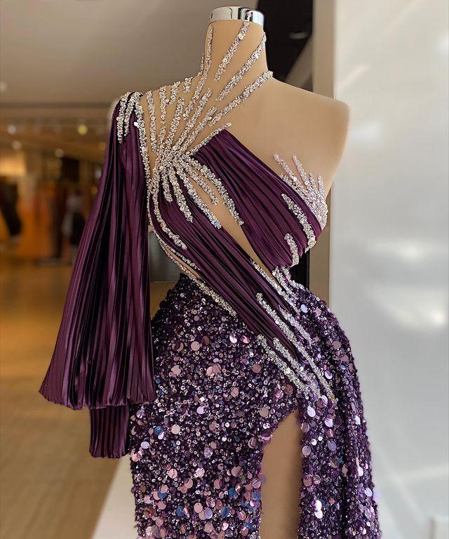 2021 Arabic Aso Ebi Purple Sequined Prom Dresses Beaded High Split Evening Formal Party Second Reception Gowns vestido de novia