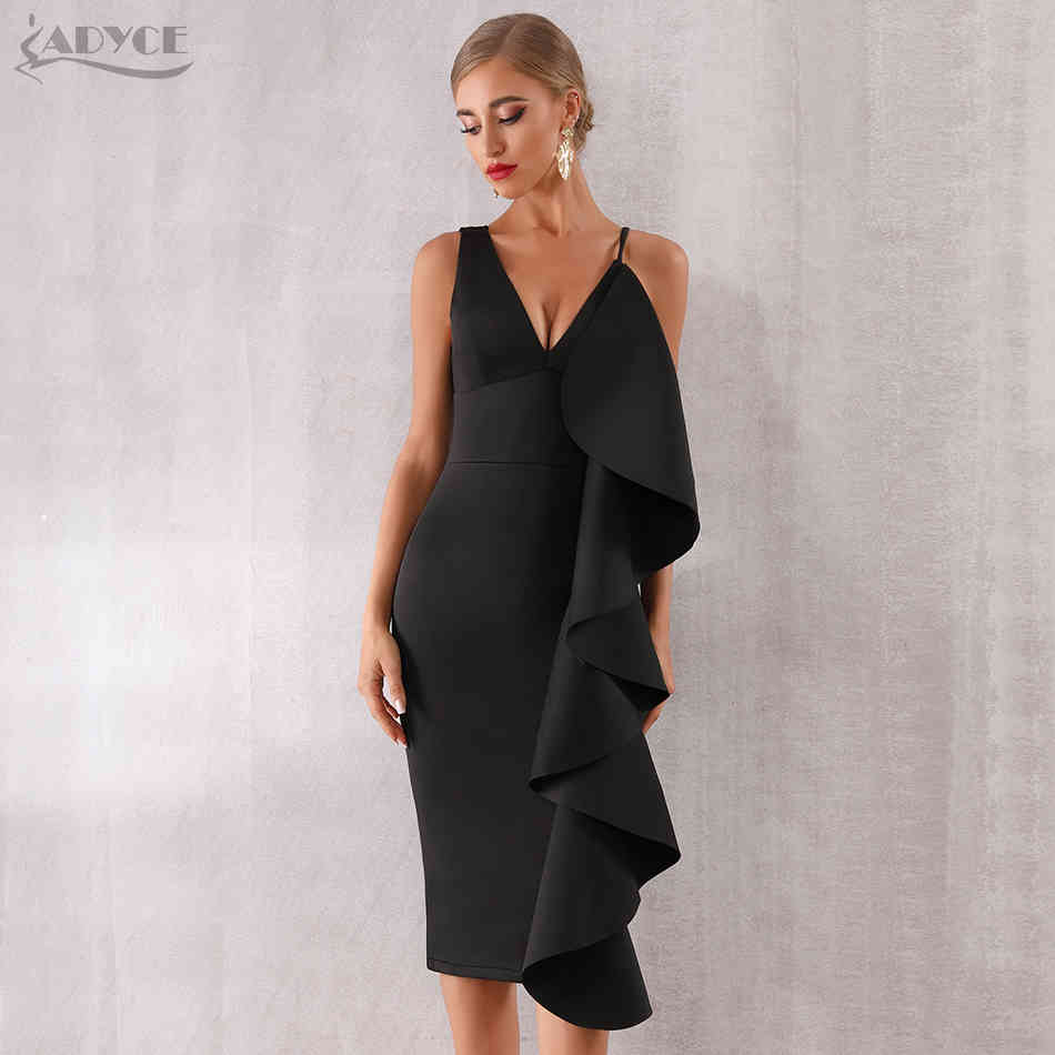 Summer Women Celebrity Evening Runway Party Dress Vestidos Sexy Sleeveless Ruffles Black Midi Bodycon Club 210423