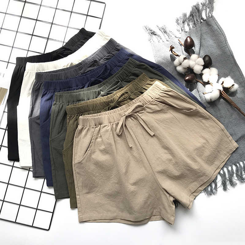Cotton Linen Shorts Women Summer Trousers Feminino Women's High Elastic Wasit Home Loose Casual With Pockets 210714