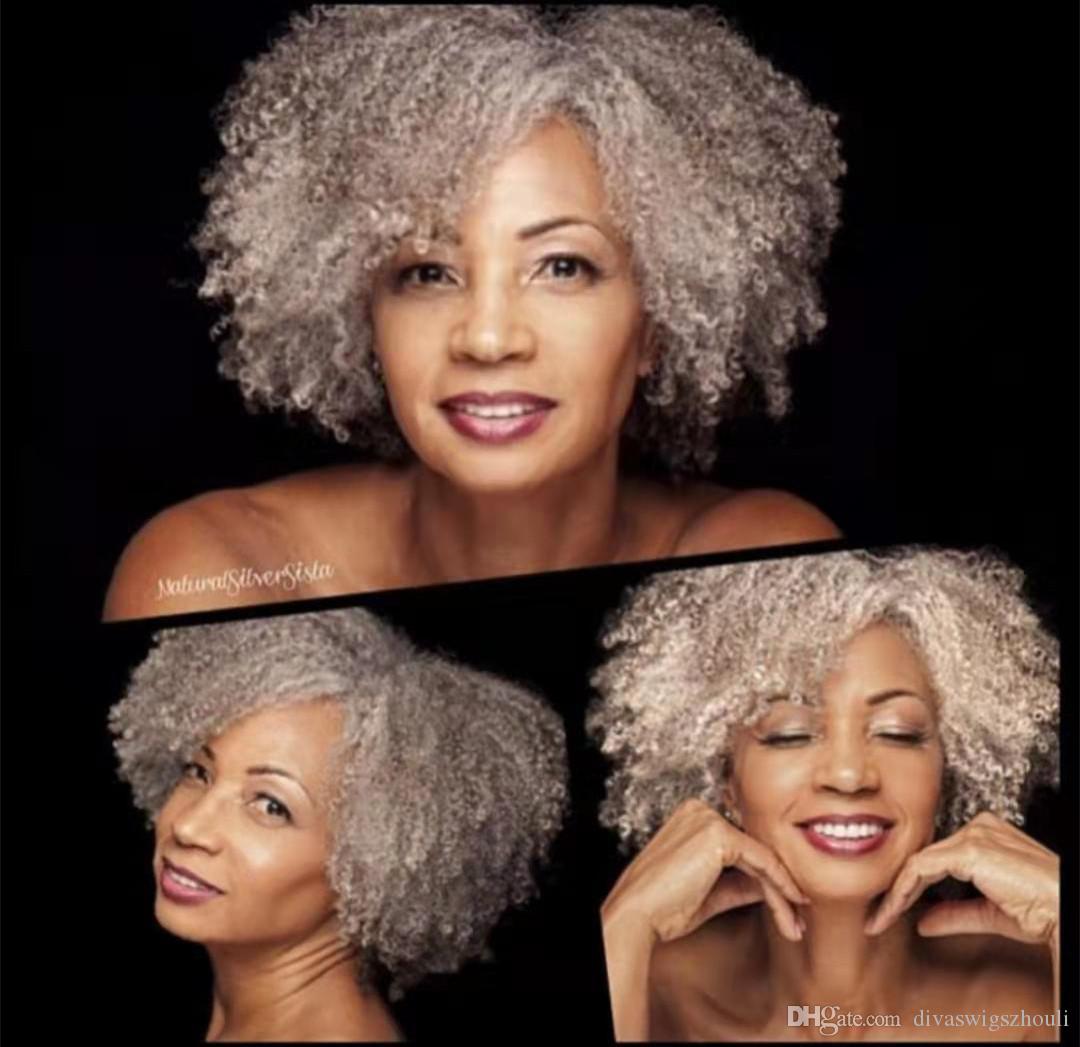 Real hair Silver grey kinki drawstring ponytail afro puff bun women extension with clips salt and pepper natural gorgeous gray hairpiece 14inch 140g