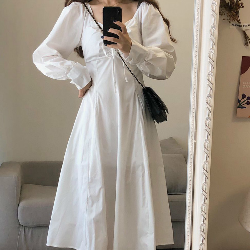 Elegant White Dress Women Casual Long Sleeve Vintage Fairy Midi Dress Draped Lace-Up Slim Dress Korean Autumn 210521