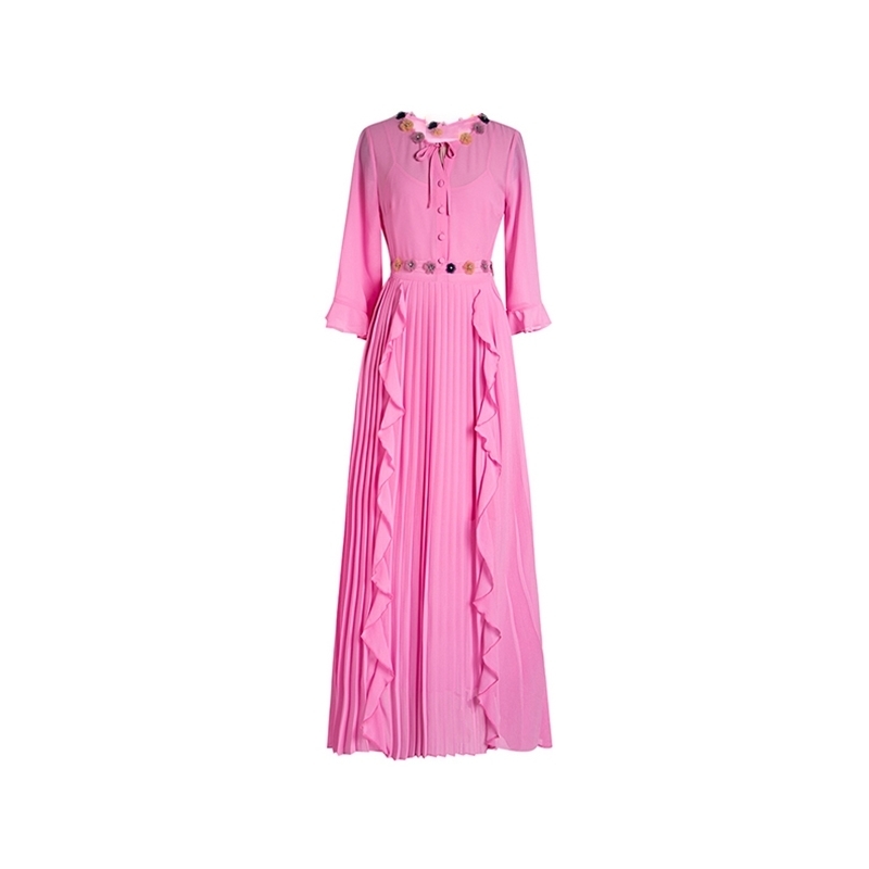 Elegant Summer Fashion Runway Women Dress Butterfly Sleeve Lace Ruffles Bohemian Solid Pink Ladies Midi Dresses 210522