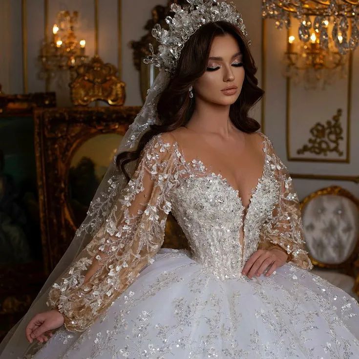 Dubai Vestidos Novia Ball Gown Wedding Dress 2022 Long Sleeve 3D Flower Lace Luxury Bridal Gowns Crystal Beads Bride robes de mariée