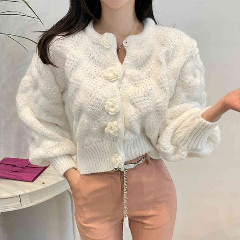 Nomikuma Vintage Puff Sleeve O-neck Sweater Coat Korean 3D Flowers Knitted Cardigan Spring Short Knitwear Tops New 6E182 210427