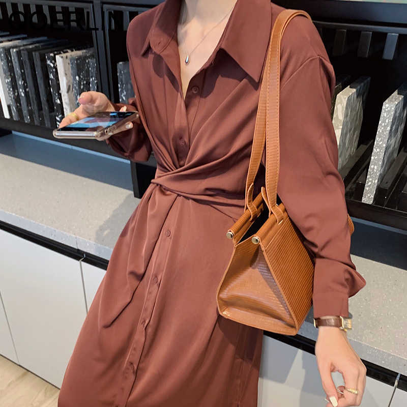 French Temperament High Waist Slim Criss-cross Shirt Dress Women Turn-Down Collar Single-Breasted Long Vestidos Mujer 210601