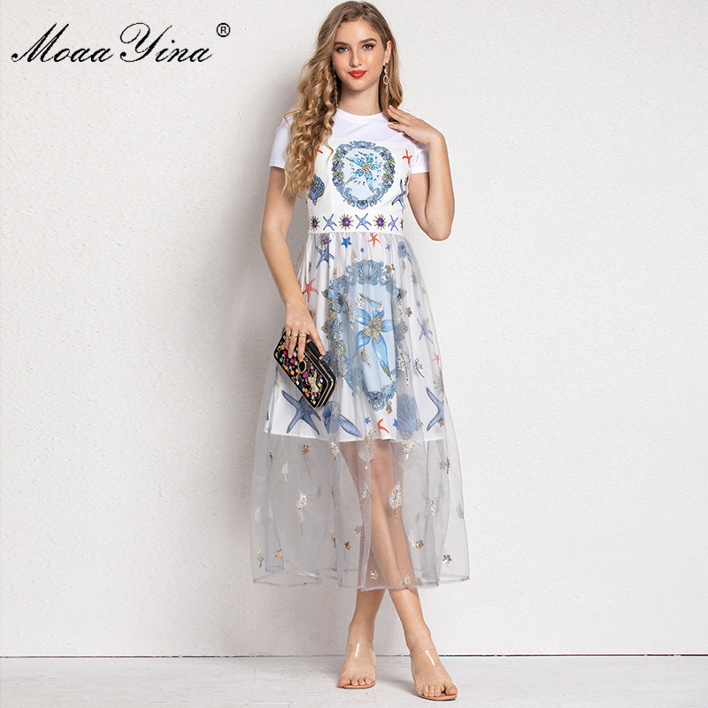 Fashion Dress Summer Women's dress Short sleeve Beaded Starfish Shell Print Mesh Embroidery Sequins Dresses 210524