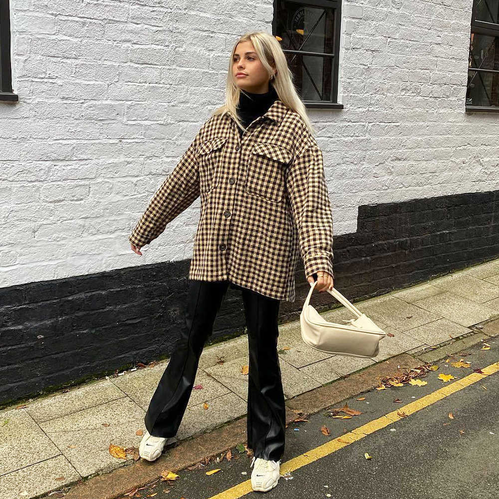 Women Jacket Checked Overshirt Chic Lady Fashion Casual Vintage Woman Oversized Coat Outfits Tops 210709