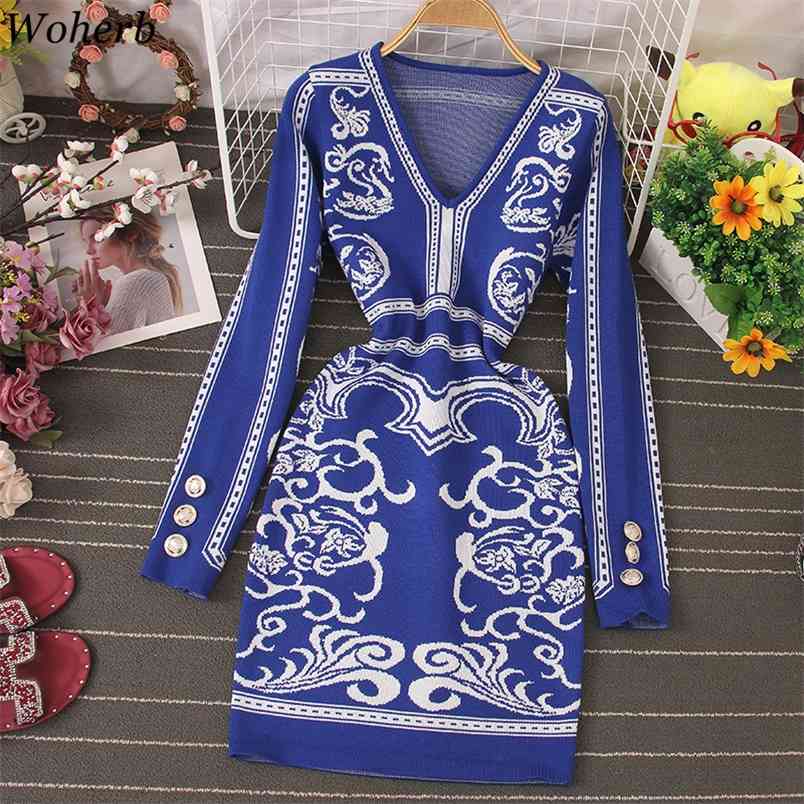 Fashion Sweater Dress Women Spring Autumn Stretch Knitted Dresses Boho Print Casual Slim Long Sleeve Bodycon Vestidos 210519