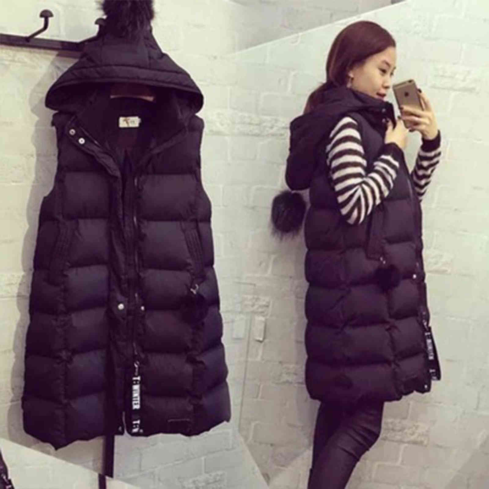 Women's Long Down Vest Outdoor Zipper Hooded Sleeveless Jacket Winter Warm Plus Size Quilted 211120