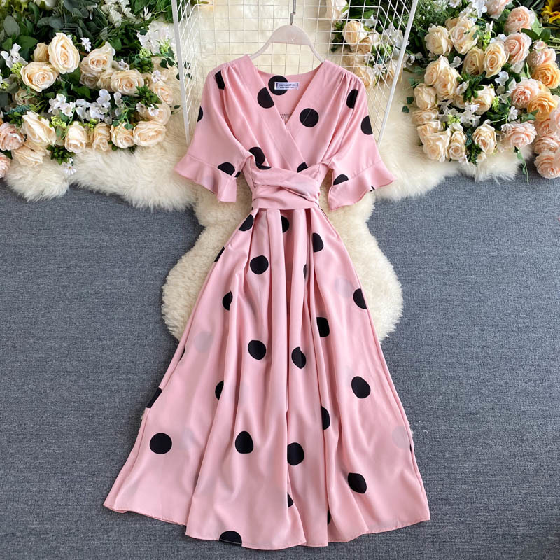10 Color Summer Red V Neck Short Sleeve Bandage Waist Polka Dot Dress Women Flare Fashion Clothing Elegant Vestido 210429