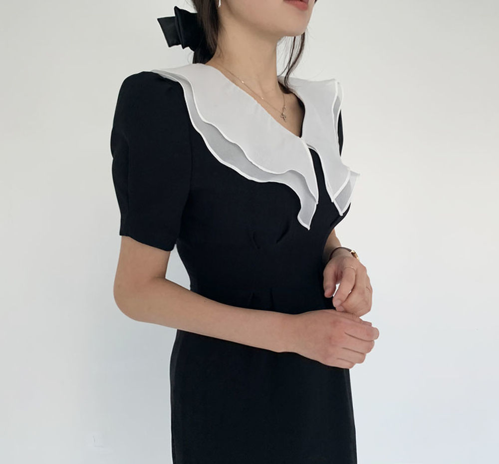 Organza Lapel Summer Dress Female OL Elegant Vintage Short Sleeve Slim Office Black Party es Vestidos 210421