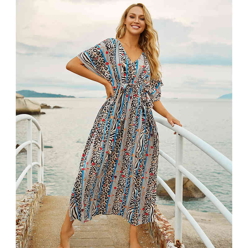 Sexy Bikini Cover-ups Cotton Tunic Boho Striped Summer Beach Dress Elegant Women Plus Size Wear Swim Suit Cover Up Q1105 210420