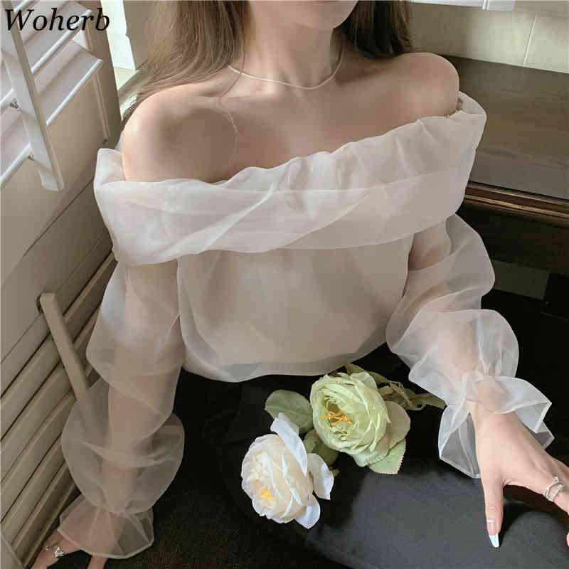 Romance Sweet Tops Blouses Sexy Off Shoulder Mesh Shirt Slim Femme Puff Sleeves Korean Chic Elegant Blusas 210519