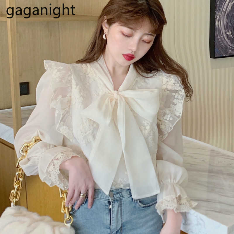 Korean Women Fashion Long Sleeve Bow Shirts Apricot Chiffon V-Line Flare Office Ladies Blouses Spring 210601