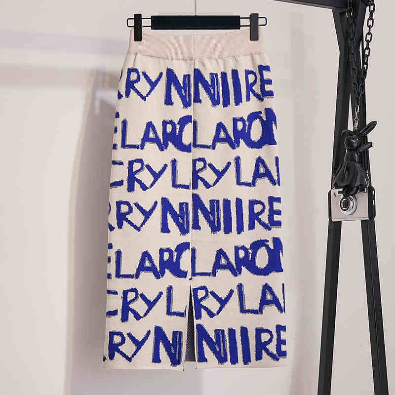 Nomikuma Korean Letters Knitted Skirts Autumn Winter New High Waist Women Sweater Skirt Causal Split Sexy Slim Faldas 6D147 210427