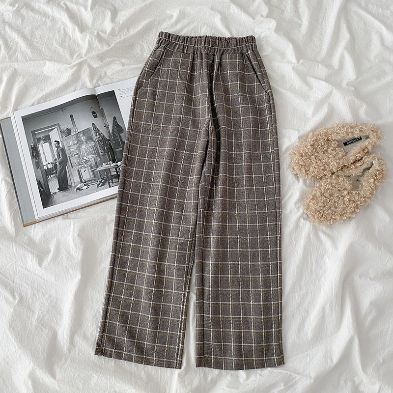 Plaid Pants Women Vintage Elastic High Waist Autumn Winter Pantalones De Mujer Ins Casual Trousers 18853 210415
