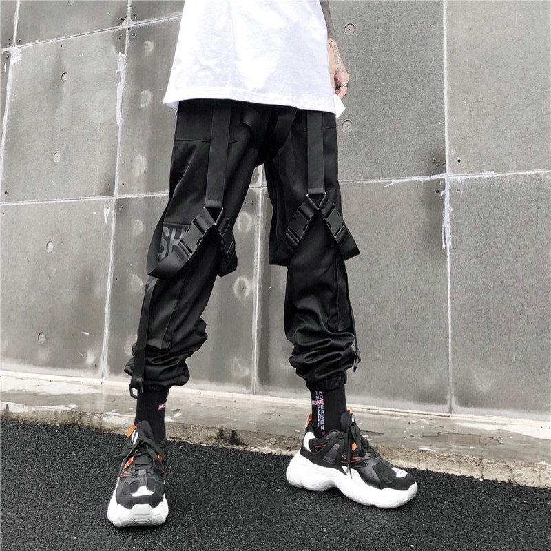 Streetwear Cargo Pants Men Harajuku Tactical Ribbon Multi-pocket Trousers Women Elastic Waist HipHop Male Black Pant Men's