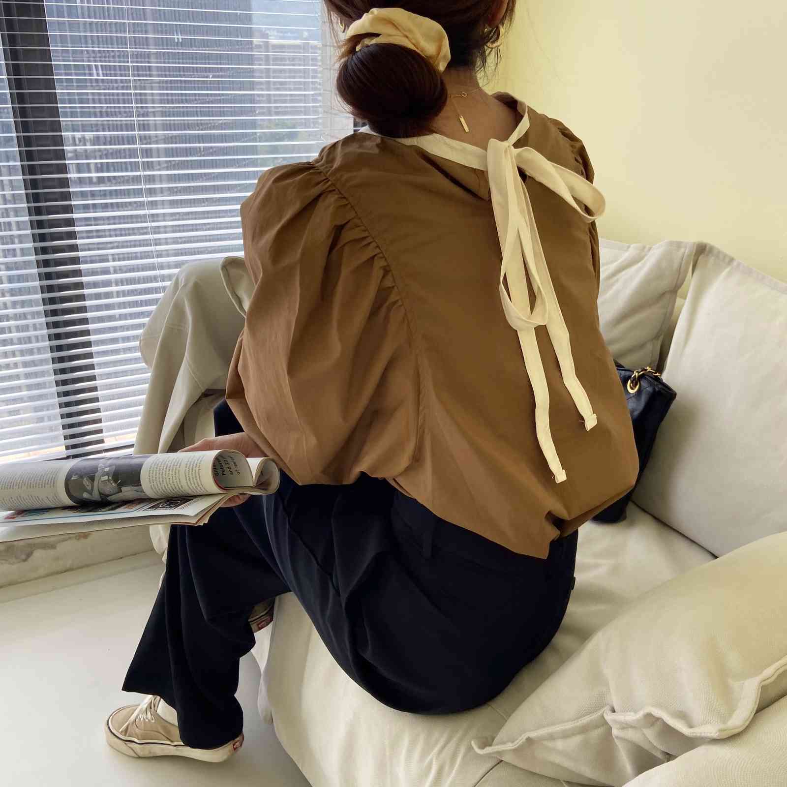 Nomikuma Autumn Women Blouse Causal Hit Color Patchwork O-neck Blusas Femme Korean Puff Long Sleeve Pullover Shirt 6D064 210427