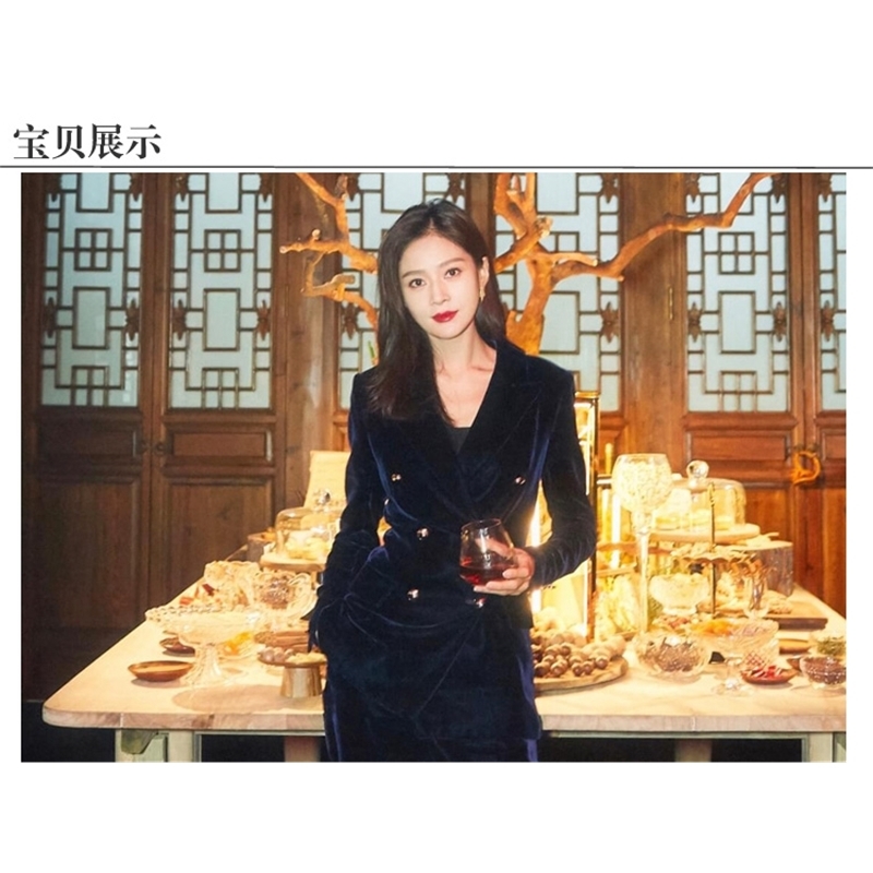 Business Women 2 Piece Pant Set Autumn Winter Double-breasted Blue velvet Blazers + Office Ladies Pencil Trousers Suit 210519
