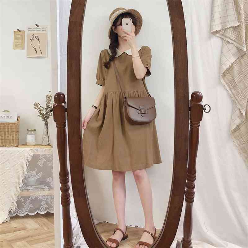 collar Summer Women Cotton Linen OL Casual Short Sleeve Dresses Female Dress Solid brown Boho Robe Femme Vestido 210417Z