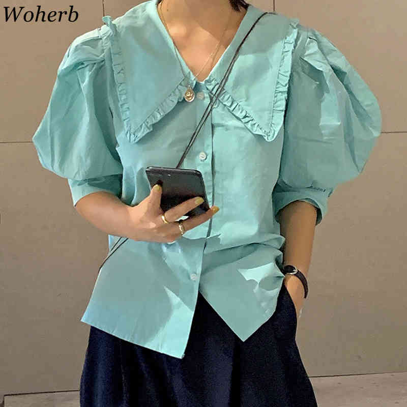 Short Puff Sleeve Vintage Blouse Women Casual Solid Tops Korean Chic Summer Sweet Cute Blusas Elegant Button Shirt 210519