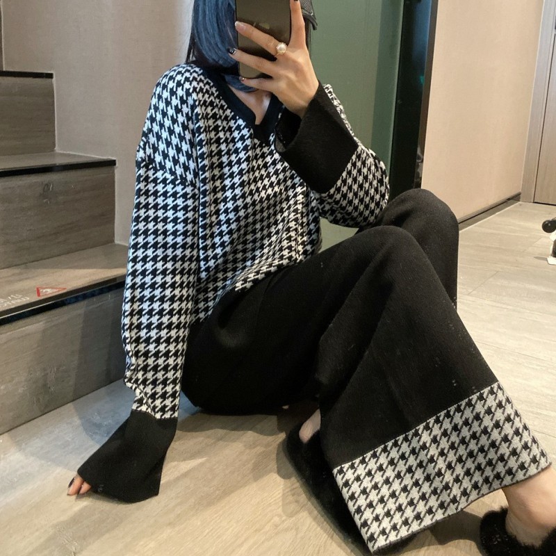 Autumn Winter Vintage Women Outfits Knit Houndstooth Pullover Sweaters + Wide leg pants Sets Woman Casual Fashion 2 Pieces Set 210519