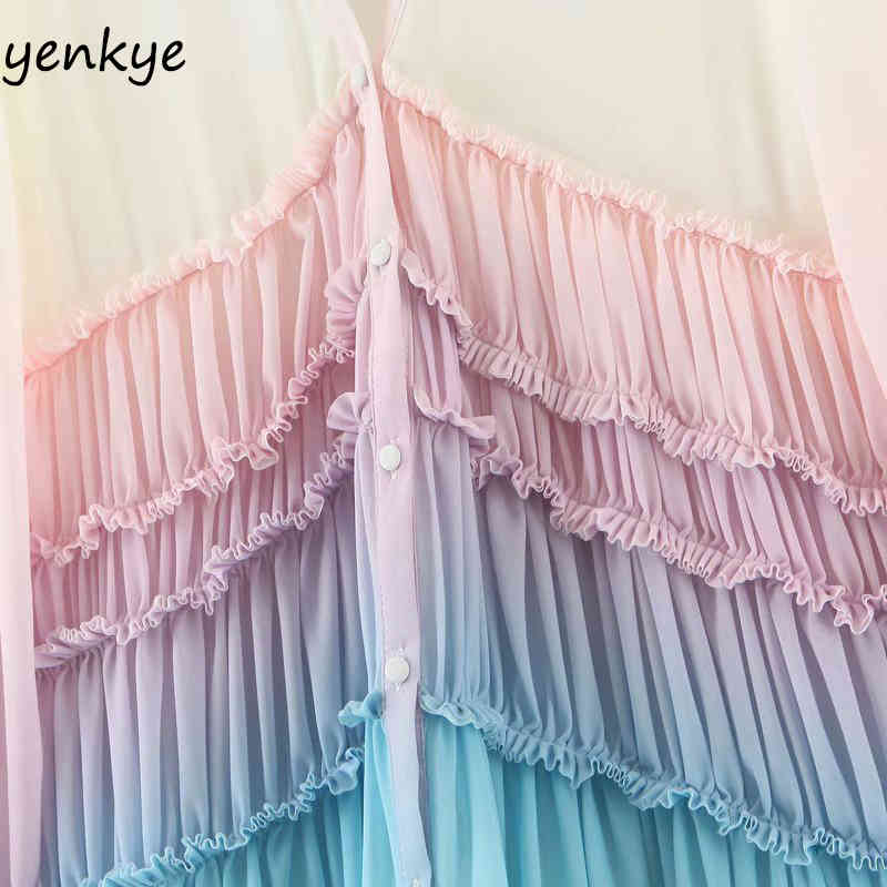 Multicolor Gradient Print Long Maxi Dress Women V Neck Long Sleeve Ruffle Holiday Boho Beach Dress A-line Chiffon Summer Dress 210515