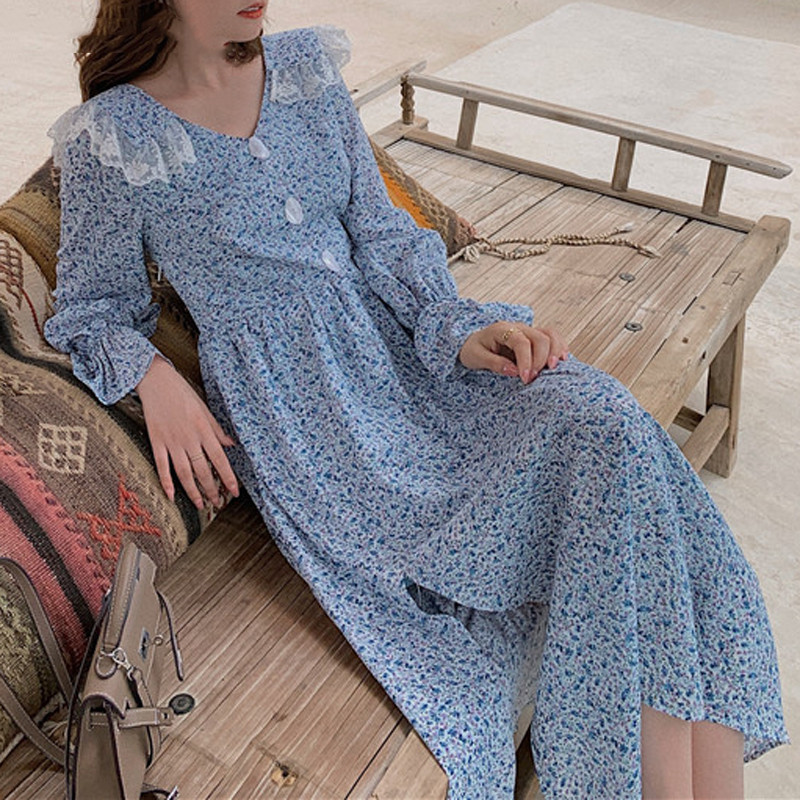LFL Casual Flare Sleeve Single-breasted Female Floral Dress Side Split Vestidos Lace Patchwork V-neck Women A-line Dress 210521