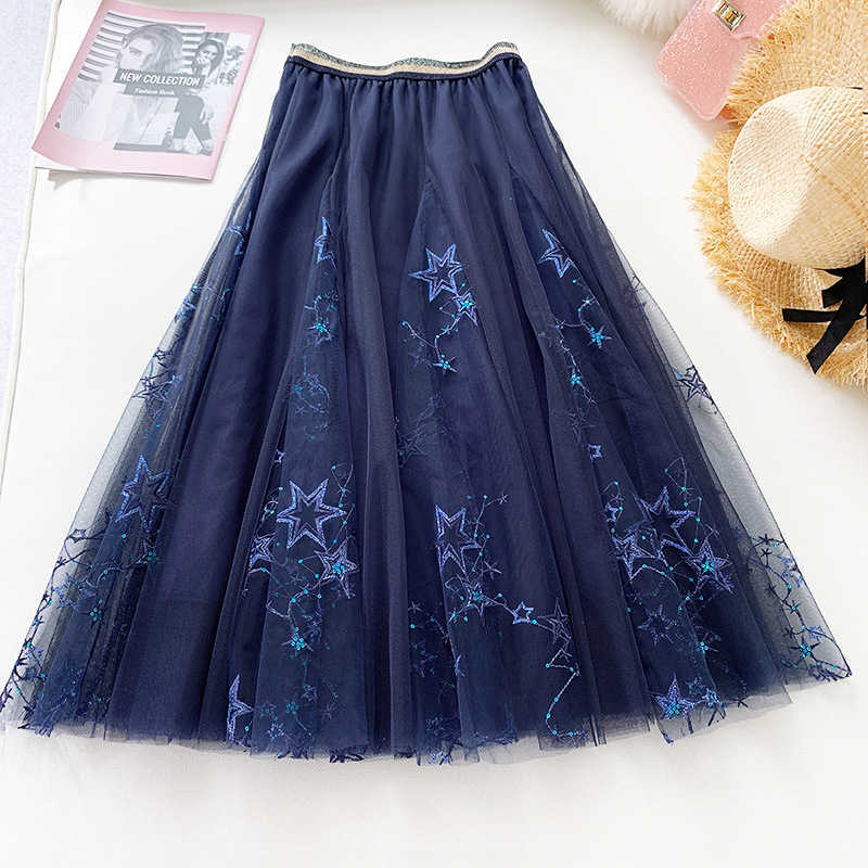 Korea spring and summer A-line double multi-layer mesh halfbody skirt wholesales heavy work lace bottoms Y092 210603