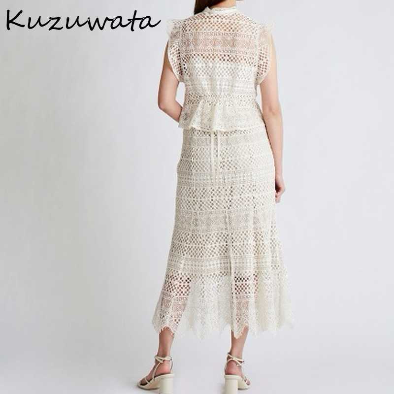 Kuzuwata Elegant Lace Hook Flower 2 Pcs Women Set O Neck Sleeveless Ruffles Shirt + High Waist Hip Slim Skirt Summer Suit 210708
