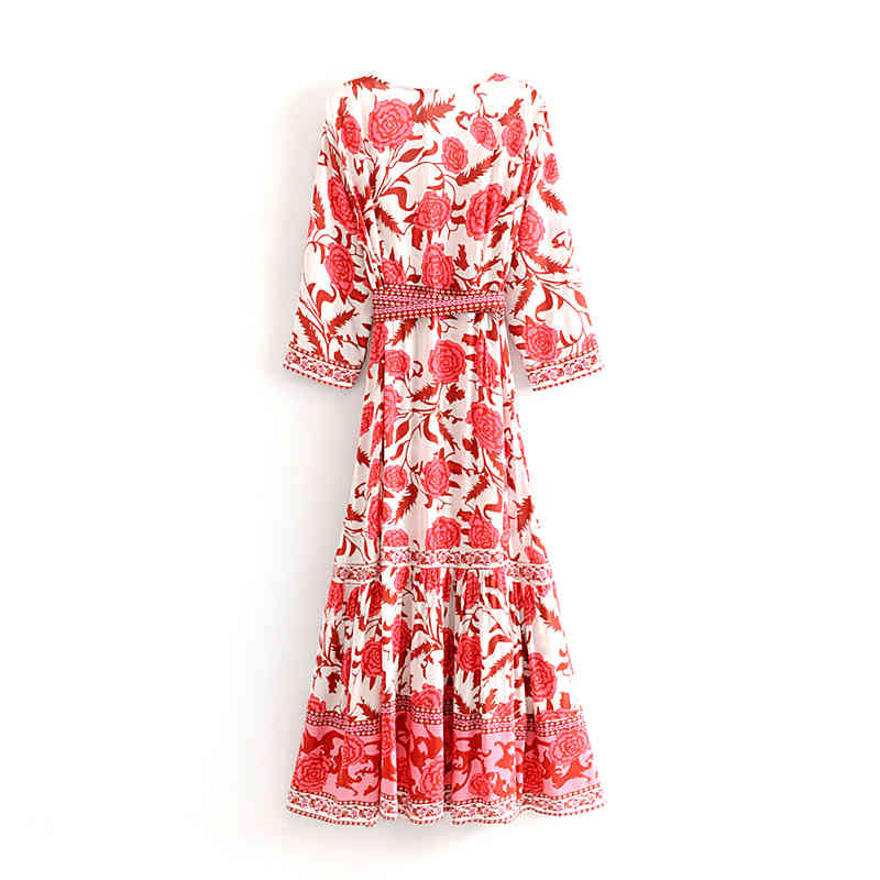beauty Boho Vintage Floral Printed Maxi Dress Women Holiday Chic Sashes Beach Wrap Long Dresses Vestidos De Verano 210514