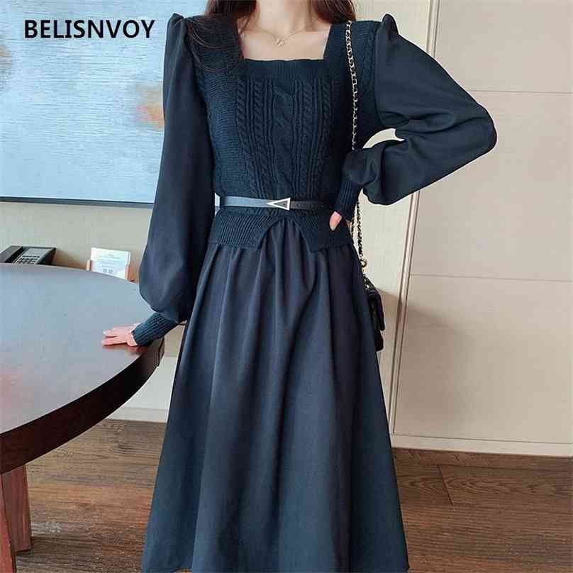 Robe Femme Knitted Patchwork Fake Dress Lantern Sleeve Elegant Autumn Design Square Collar Female Trendy Vestidos 210520, Black
Robe Femme Knitted Patchwork Fake Dress Lantern Sleeve Elegant Autumn Design Square Collar Female Trendy Vestidos 210520, Black
