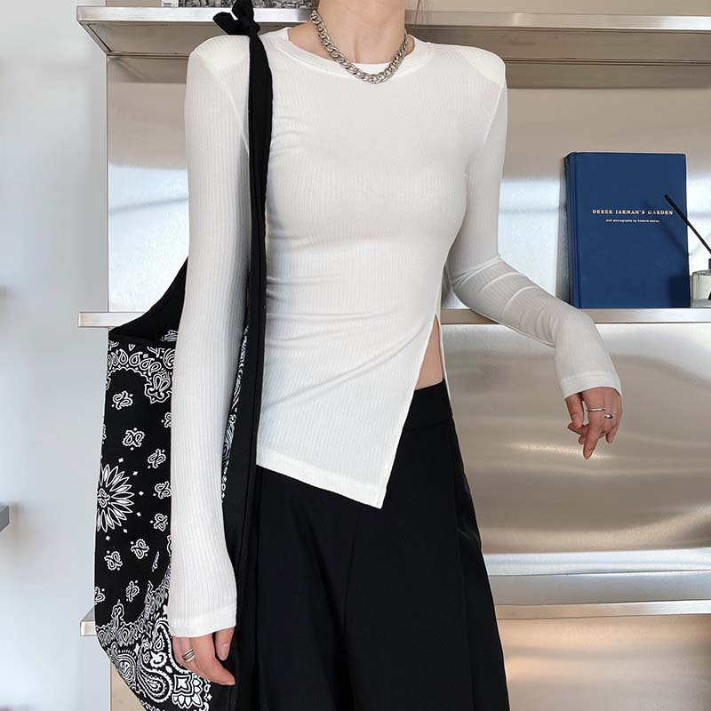 TWOWINSYLE Black Side Split Shirt For Women O Neck Long Sleeve Slim Casual Shirts Female Fashion Clothing Spring 210524