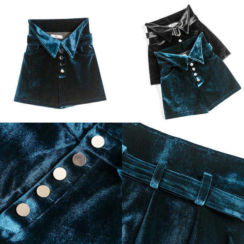 S-2XL Velvet Belted Shorts Women Fashion Streetwear Plus Size Single-Breasted High Waist Pocket Black 210601