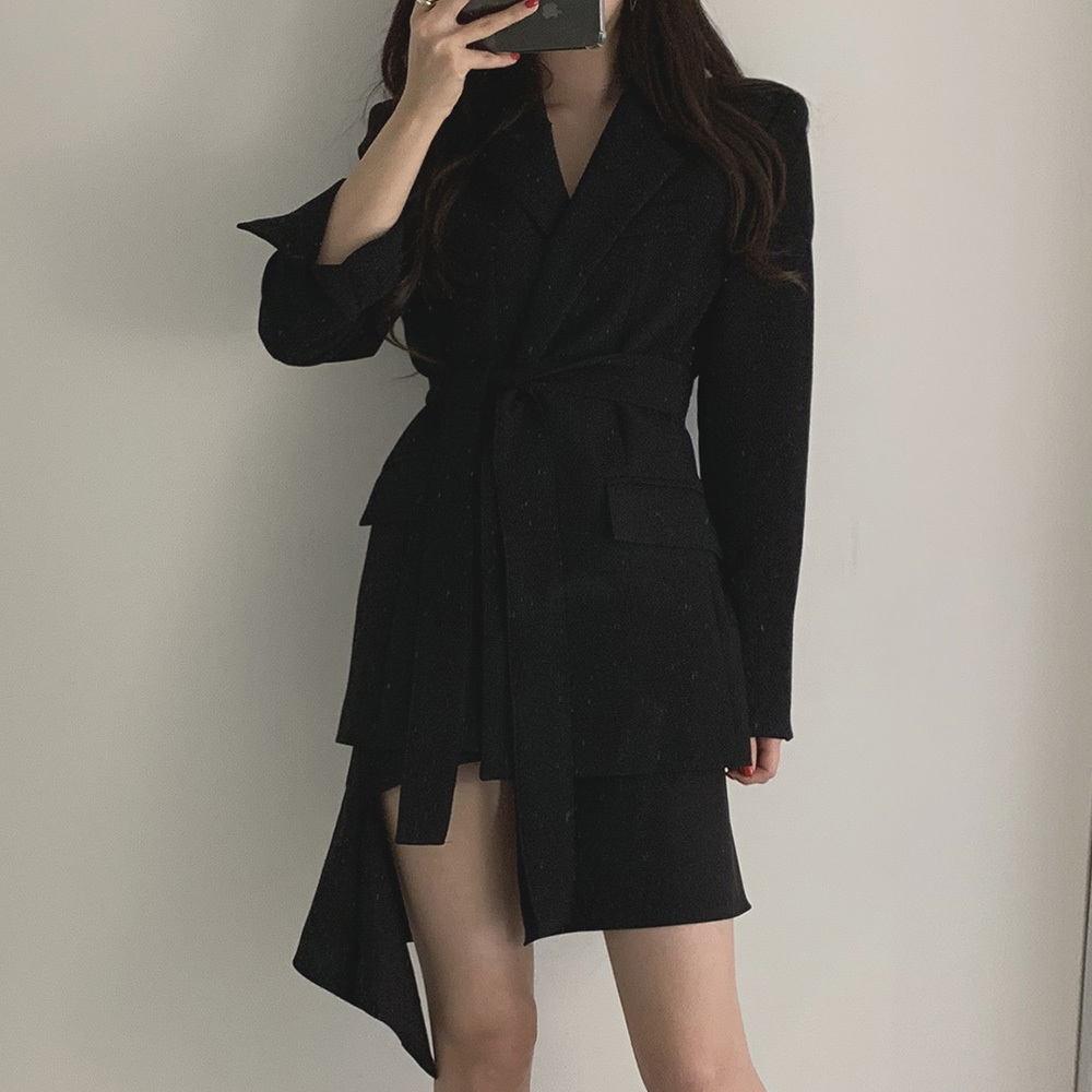 Women Korean Elegant Suit Office Blazer Ladies Lace up Notched Formal Outwear Winter Jackets Casual Mid Coat Tops 210428