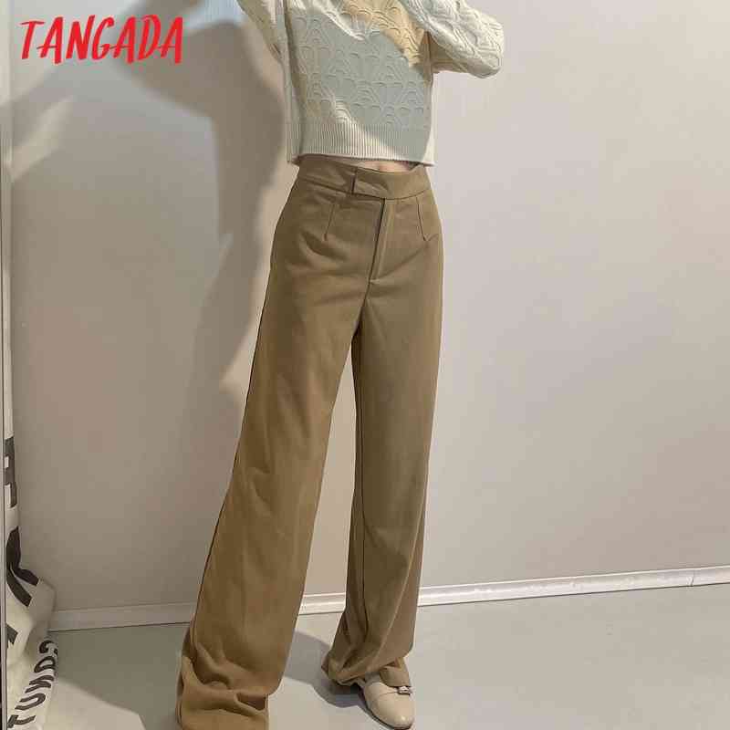 Fashion Women Khaki Suit Trousers High Waist Pockets Buttons Office Lady Pants Pantalon JE02 210416