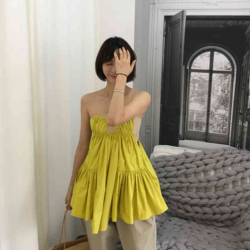 VGH Elegant Ruched Vest For Women Strapless Sleeveless Patchwork Sexy Tank Tops Female Summer Fashionable New Clothing 210421