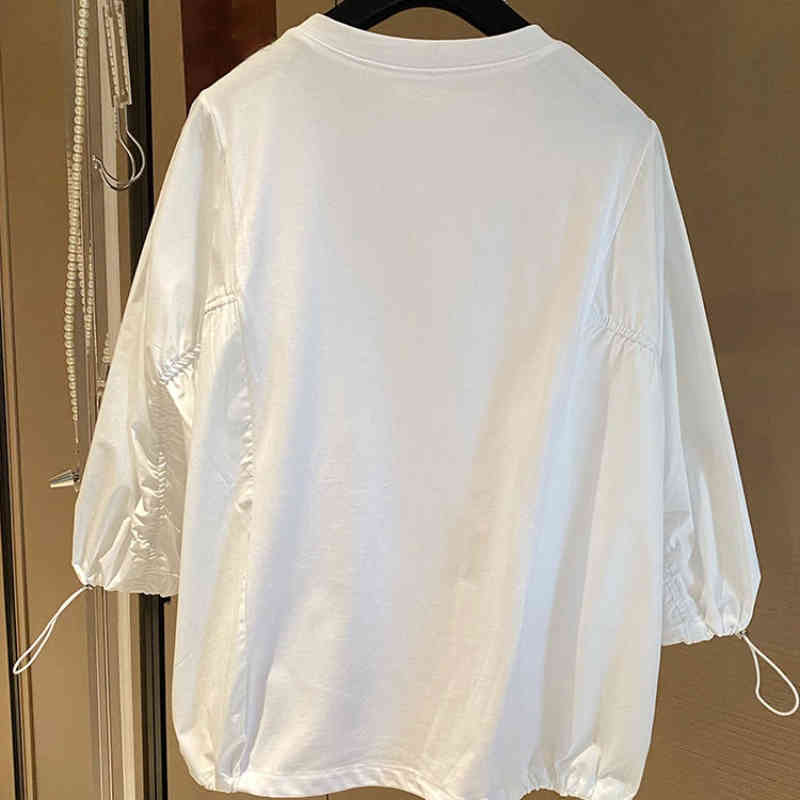 Nomikuma Blouse Women Korean Drawstring 3/4 Sleeve Shirt Causal O-neck Solid Blusas Mujer De Moda Verano Elegantes 6G816 210427
