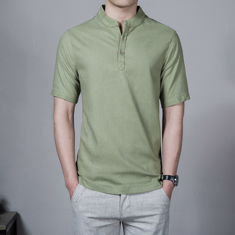Fashion Summer Shirts Men Short Sleeve Mandarin Collar Men Linen Shirt Breathable Solid Color Casual White Shirts 4xl 5xl 210412