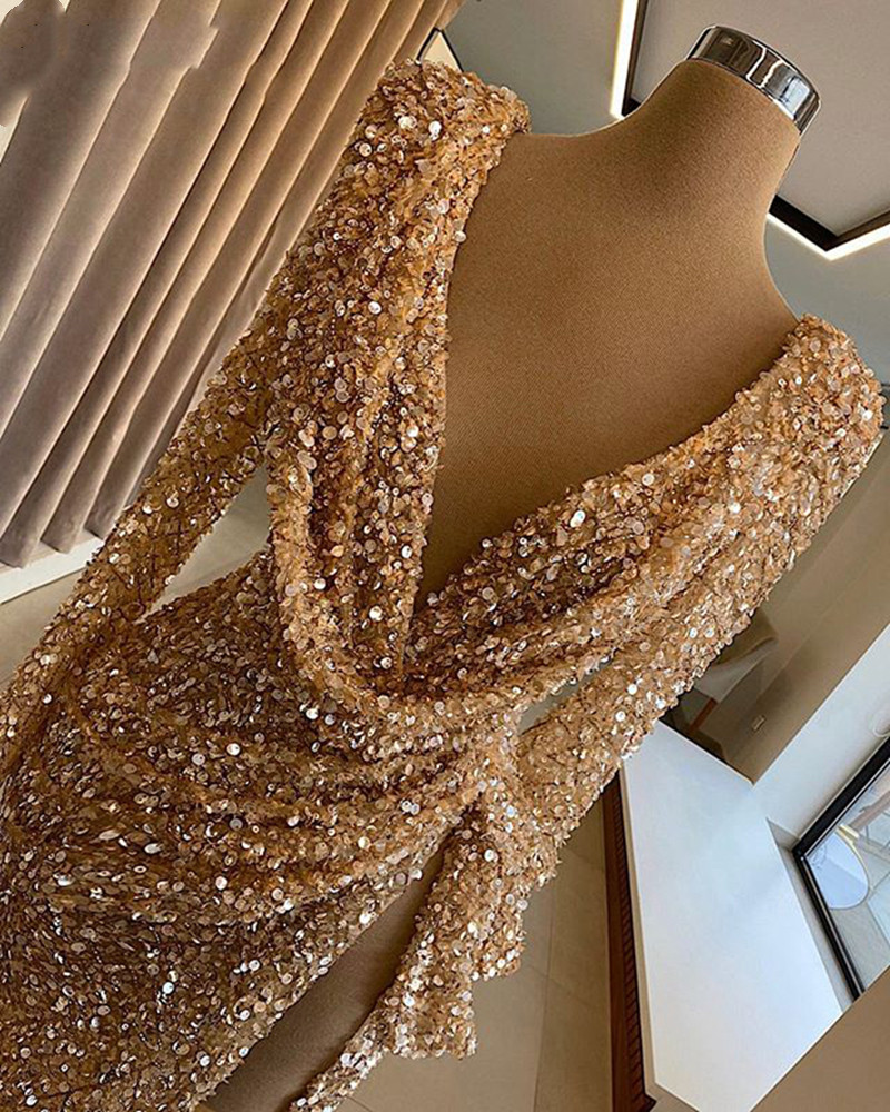 Sparkly Long Sleeve Sexy prom dresses V-neck High Slit Gold Sequin Mermaid African Women Formal Party Night Evening Gowns