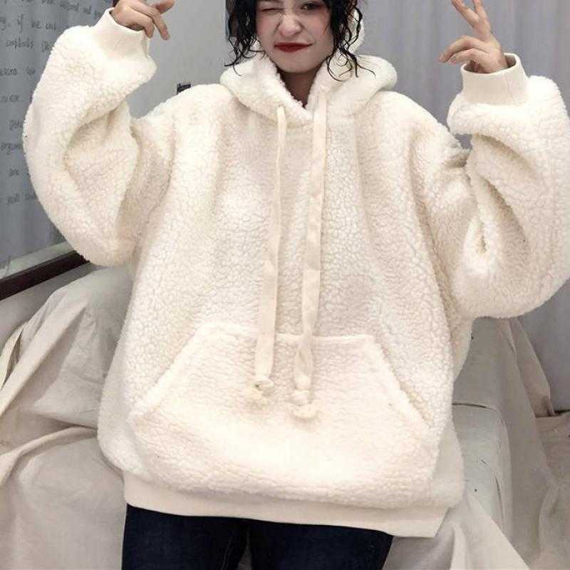 Winter Lamb Plush Warm Ladies Pullover Solid Color White Plus Velvet Thickening Casual Loose Lantern Sleeve Women Hoodie 210809