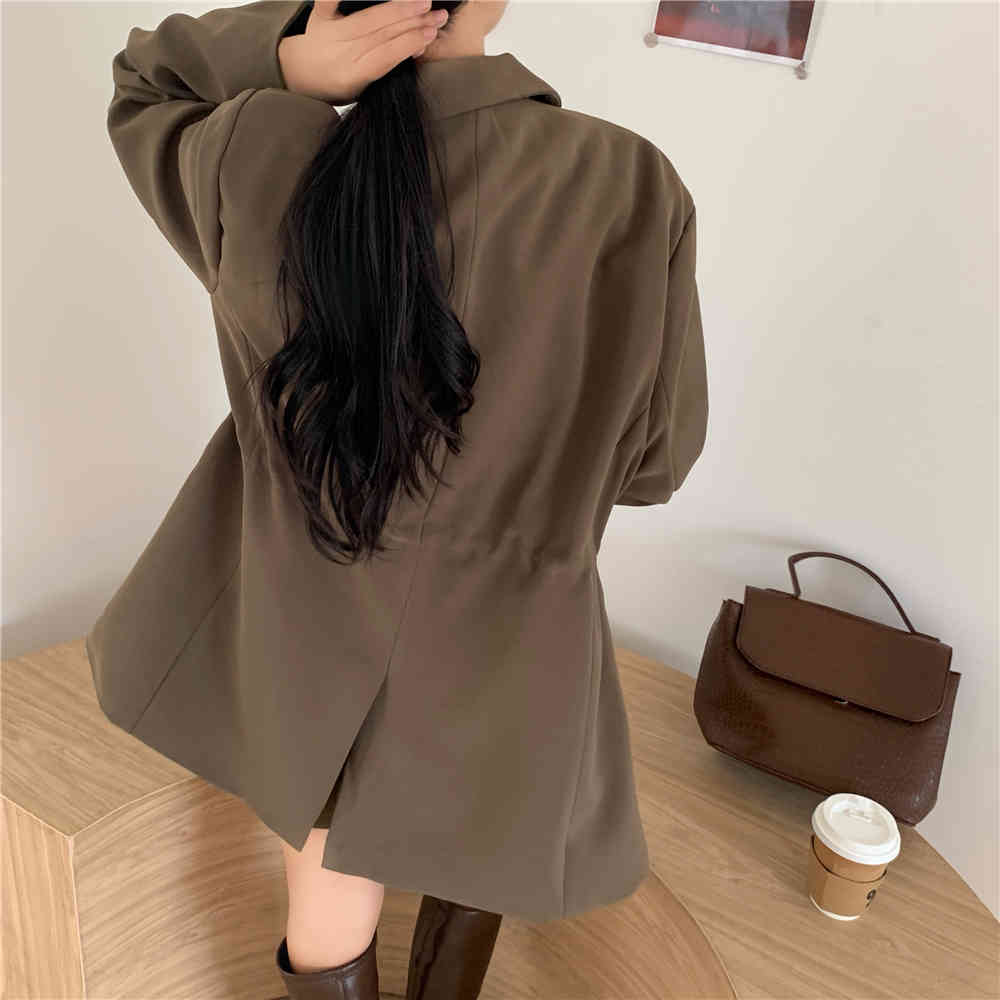 OL Notched Vintage Solid Drawstring Waist Blazer Jacket Autumn Winter Formal Women Blazers Suit Coat Female 210421
