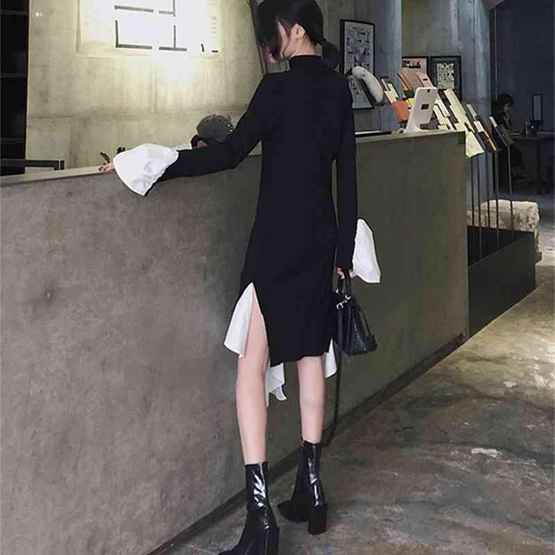 Autumn fashion Knitting Dress Female Flare Long Sleeve Turtleneck Patchwork Ruffle Hem Irregular Women's Dresses Robe 210519