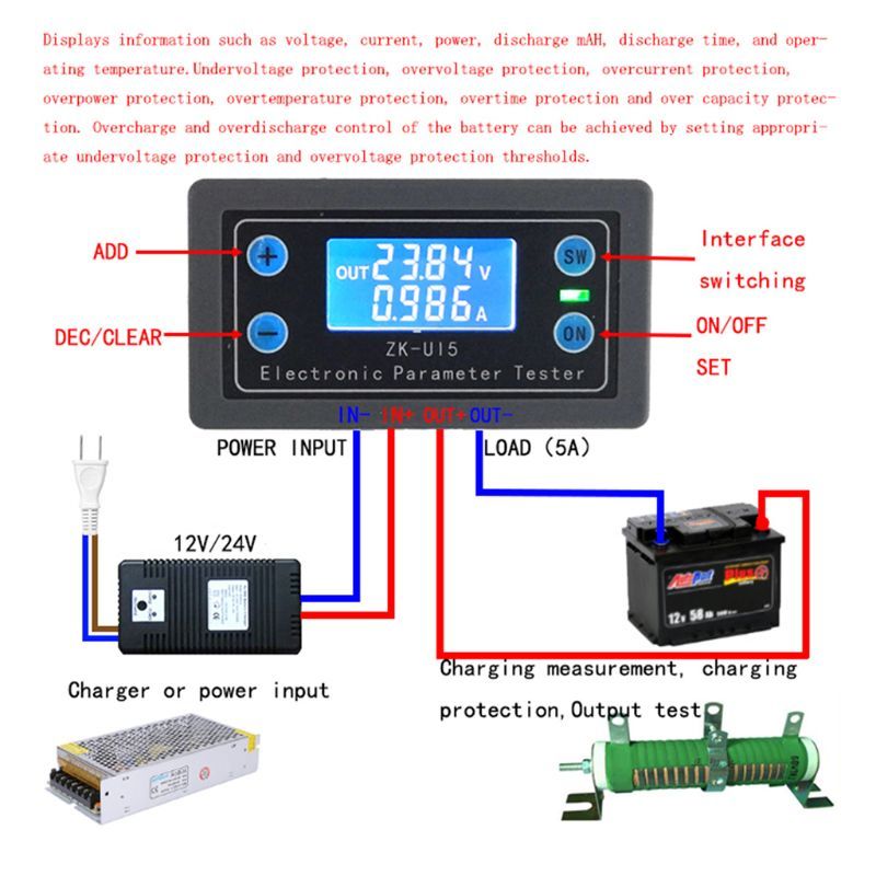 DC5-38V Multifunctional Voltmeters Ampirer Electronic Load Battery Monitor Tester