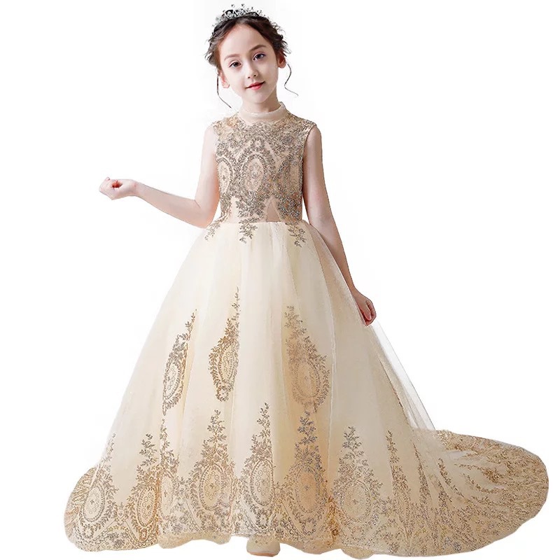 2021 Cheap Blush Gold Flower Girls Dresses Long Sleeves for Weddings Lace Appliques Ball Gown Birthday Girl Communion Pageant Gowns