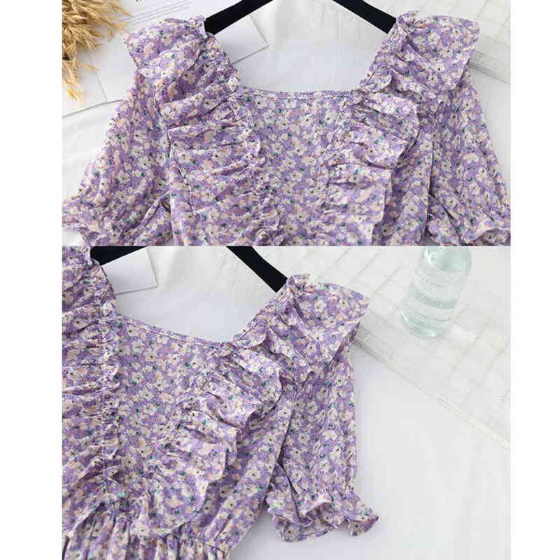 Purple chiffon dress Elegant V-neck Short Sleeve Women A-line Floral print Midi Dress Female Elastic Waist Party Vestidos 210521