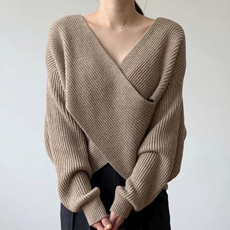 Autumn Winter Solid Casual Women Knitted Sweater Lady V-neck Criss-cross Pollovers Female Korean Chic Long Sleeve Jumper 210519